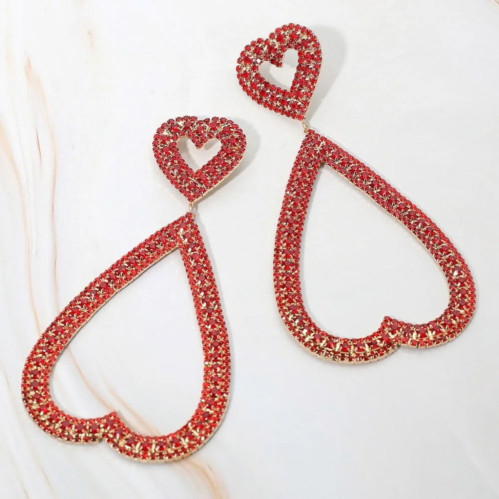 Red Rhinestone Studded Open Heart Drop Dangle Statement Earrings - Picture 4 of 6